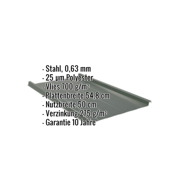 Stehfalzblech 33/500-LR in Chromoxidgrün, Stahl 0,63 mm, mit eingeblendeten Eckdaten