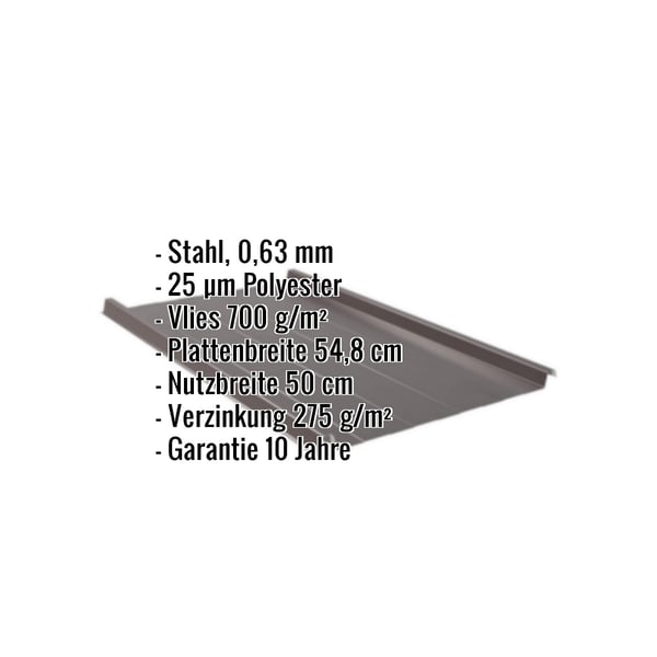 Stehfalzblech Schokoladenbraun mit eingeblendeten Eckdaten: Stahl 0,63 mm, 25 µm Polyester, Vlies 700 g/m²