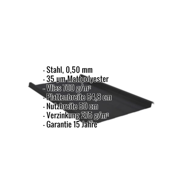 Stehfalzblech 33/500-LR schwarz, Stahl 0,50 mm, mit eingeblendeten Eckdaten zu Material und Massen