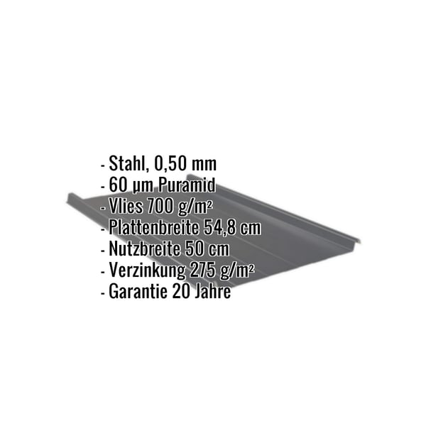 Stehfalzblech Anthrazitgrau mit eingeblendeten Eckdaten: Stahl 0,50 mm, 60 µm Puramid, Vlies 700 g/m², Plattenbreite 54,8 cm
