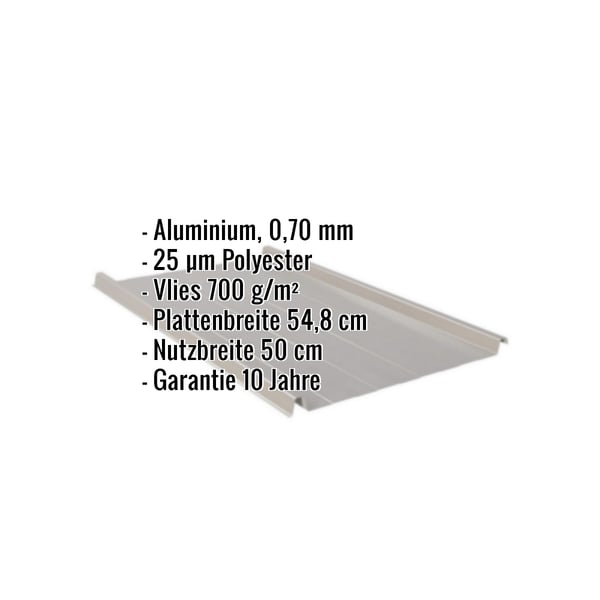 Stehfalzblech Graualuminium mit eingeblendeten Eckdaten: Aluminium 0,70 mm, 25 µm Polyester, Vlies 700 g/m², Plattenbreite