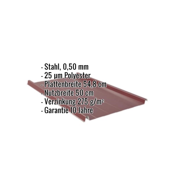 Stehfalzblech Weinrot RAL 3005 mit eingeblendeten Eckdaten zu Material, Staerke, Beschichtung und Massen
