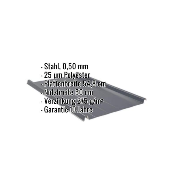 Stehfalzblech Anthrazitgrau mit eingeblendeten Eckdaten: Stahl, 0,50 mm, 25 µm Polyester, Plattenbreite 54,8 cm