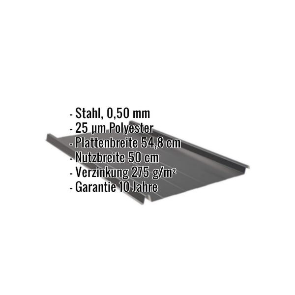 Stehfalzblech Tiefschwarz, 0,50 mm Stahl, mit eingeblendeten Eckdaten zu Material, Staerke und Garantie