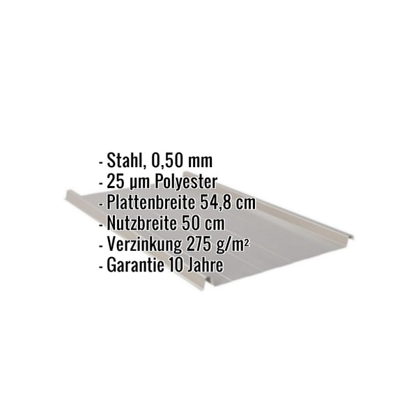 Stehfalzblech Graualuminium, Stahl 0,50 mm, 25 µm Polyester, mit eingeblendeten Eckdaten
