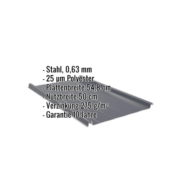 Stehfalzblech 33/500-LR anthrazitgrau, Stahl 0,63 mm, mit eingeblendeten Eckdaten