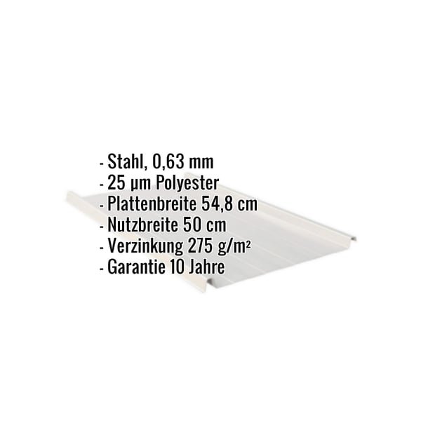 Stehfalzblech 33/500-LR, Weißaluminium RAL 9006, mit eingeblendeten Eckdaten zu Material und Massen