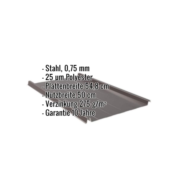 Stehfalzblech 33/500-LR, schokoladenbraun, mit eingeblendeten Eckdaten zu Material, Staerke und Massen
