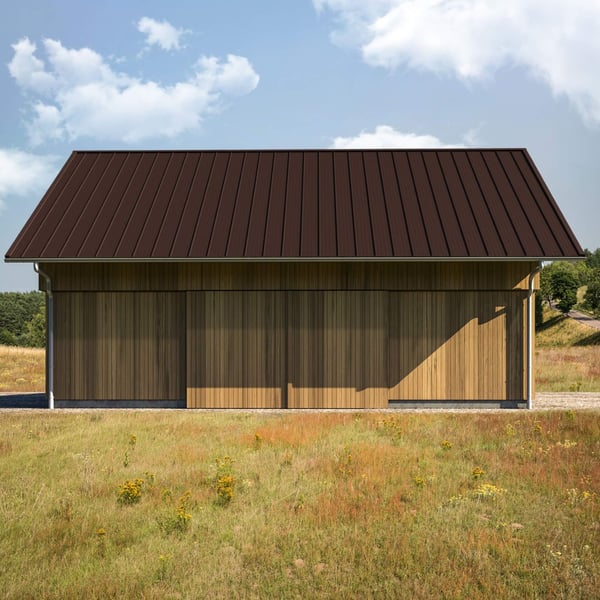Stehfalzblech 33/500-LR Dach auf Holzgebaeude, schokoladenbraun RAL 8017, Ansicht von vorne