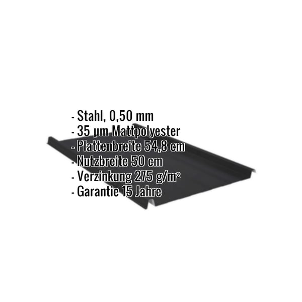 Stehfalzblech 33/500-LR, Stahl 0,50 mm, Schwarz Mattpolyester, mit eingeblendeten Eckdaten