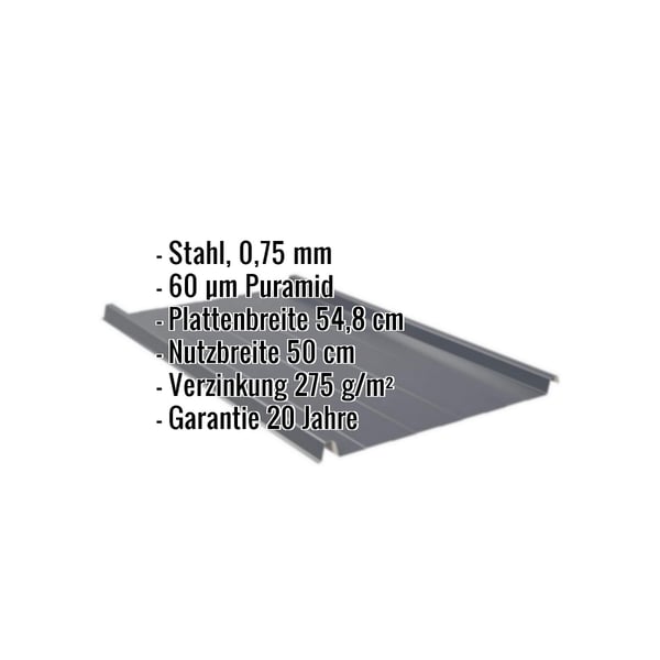 Stehfalzblech 33/500-LR, Anthrazitgrau RAL 7016, Stahl 0,75 mm, mit eingeblendeten Eckdaten