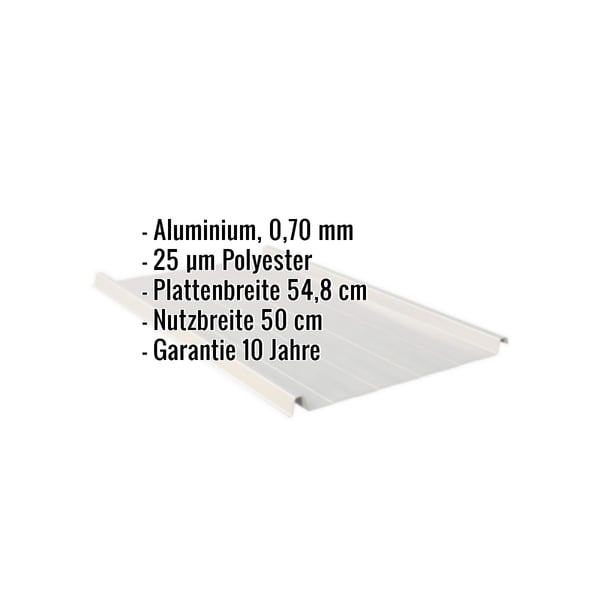Stehfalzblech 33/500-LR in Weißaluminium mit eingeblendeten Eckdaten zu Material, Staerke und Garantie