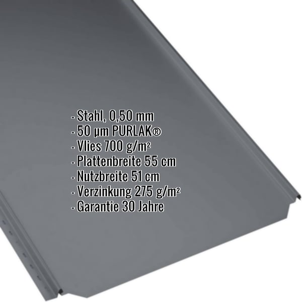 Stehfalzblech PD-510-S Flach Anthrazitgrau mit eingeblendeten Eckdaten zu Material, Staerke, Beschichtung und Garantie