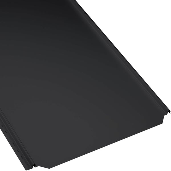 Stehfalzblech PD-510-S Flach Tiefschwarz, 0,50 mm Stahl mit PURLAK® Beschichtung, Hauptansicht schraeg von oben