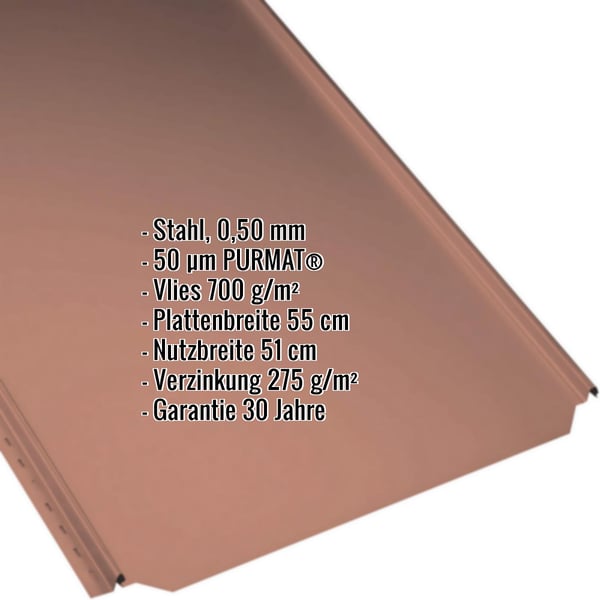 Stehfalzblech PD-510-S Flach Ziegelrot mit eingeblendeten Eckdaten zu Material, Staerke und Beschichtung
