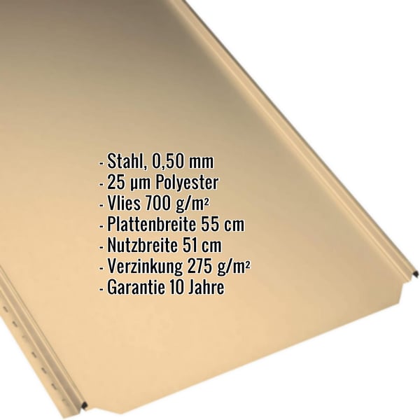 Stehfalzblech PD-510-S Flach Sandgelb mit Eckdaten Stahl 0,50 mm, 25 µm Polyester, Vlies 700 g/m²