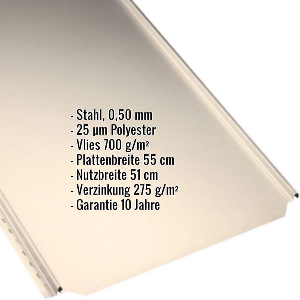 Stehfalzblech PD-510-S Flach Hellelfenbein, 0,50 mm Stahl mit 25 µm Polyester, Vlies 700 g/m², Eckdaten eingeblendet