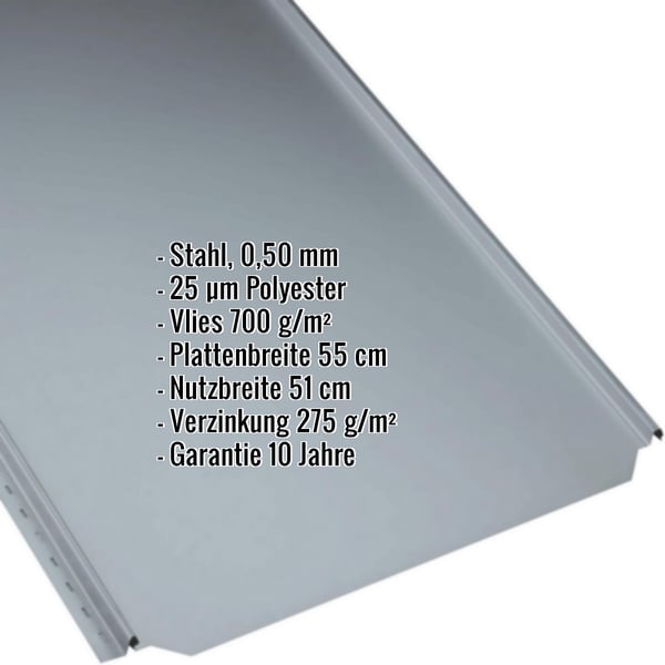 Stehfalzblech PD-510-S Flach Fehgrau, Stahl 0,50 mm, Polyester 25 µm, Vlies 700 g/m², Eckdaten eingeblendet