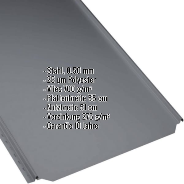 Stehfalzblech PD-510-S Flach Graphitgrau mit eingeblendeten Eckdaten zu Material, Staerke und Beschichtung