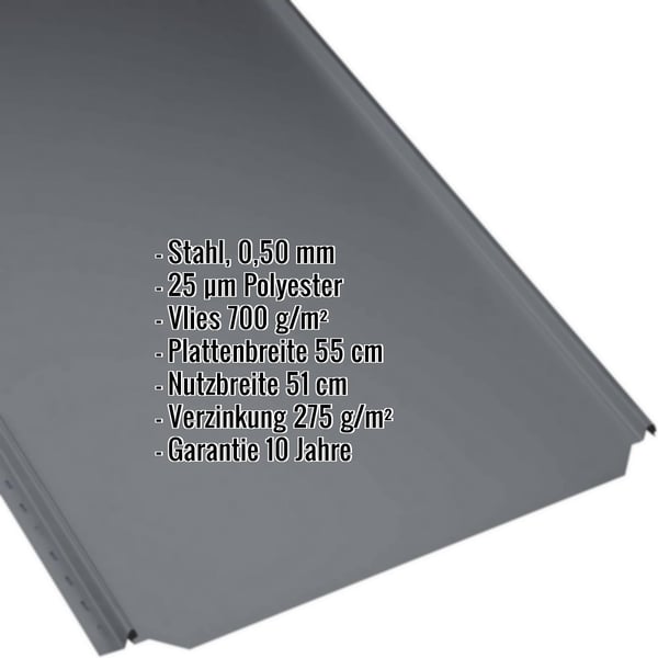 Stehfalzblech PD-510-S Flach Anthrazitgrau 0,50 mm mit eingeblendeten Eckdaten