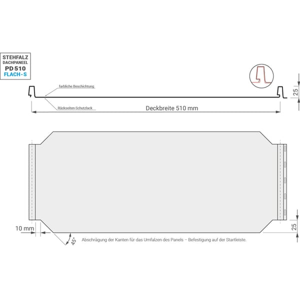 Technische Zeichnung Stehfalzblech PD-510-S Flach mit Deckbreite 510 mm