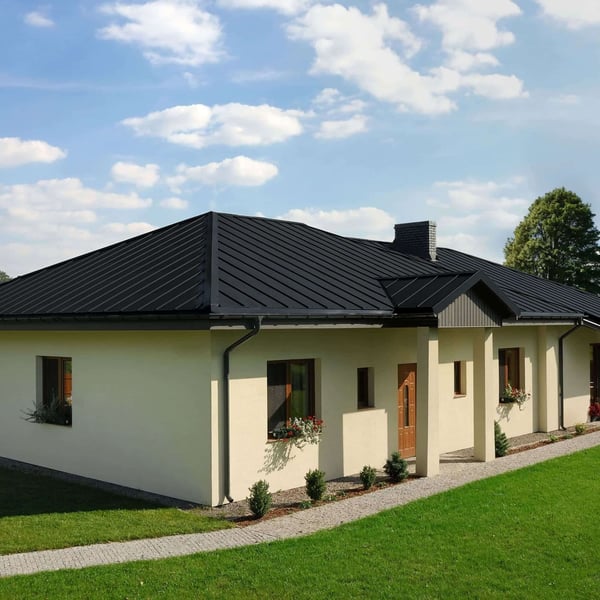 Einfamilienhaus mit anthrazitgrauem Stehfalzblech PD-510-S und Gartenweg