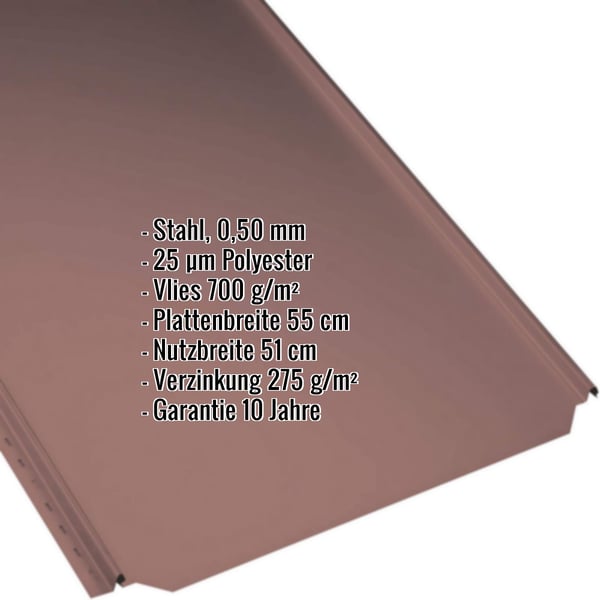 Stehfalzblech PD-510-S Flach in Rotbraun RAL 8012, 0,50 mm Stahl, mit eingeblendeten Produktdaten