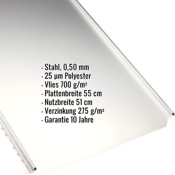 Stehfalzblech PD-510-S Flach, Reinweiß RAL 9010, mit eingeblendeten technischen Daten und Eigenschaften