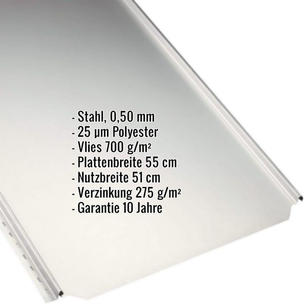 Stehfalzblech PD-510-S Flach, Grauweiß, mit eingeblendeten Eckdaten zu Material, Stärke und Beschichtung