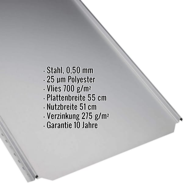 Stehfalzblech PD-510-S Flach, Weißaluminium RAL 9006, 0,50 mm, mit eingeblendeten Eckdaten