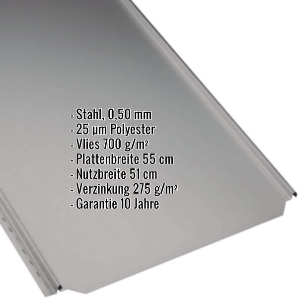 Stehfalzblech PD-510-S Flach Graualuminium, 0,50 mm Stahl, Polyester, Vlies 700 g/m², Eckdaten eingeblendet