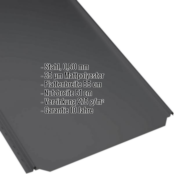 Stehfalzblech PD-510-S Tiefschwarz, 0,50 mm Stahl, Mattpolyester, Eckdaten eingeblendet