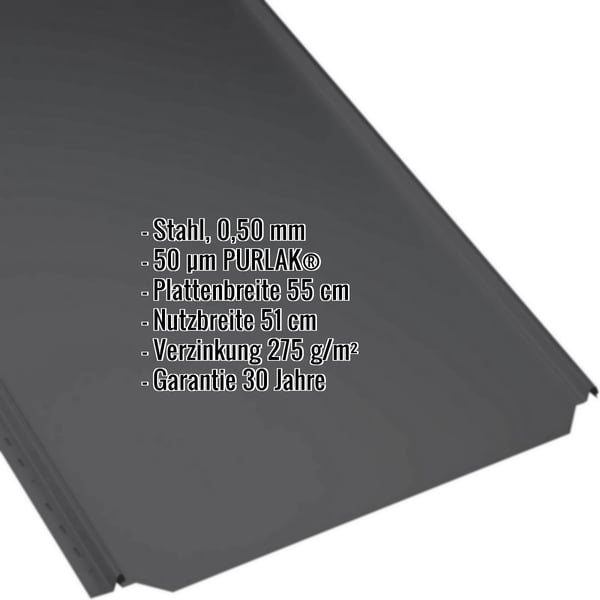 Stehfalzblech PD-510-S Flach, Tiefschwarz RAL 9005, 0,50 mm, mit eingeblendeten Eckdaten