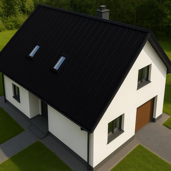 Stehfalzblech PD-510-S Flach, Tiefschwarz RAL 9005, 0,50 mm, auf einem Einfamilienhaus verlegt