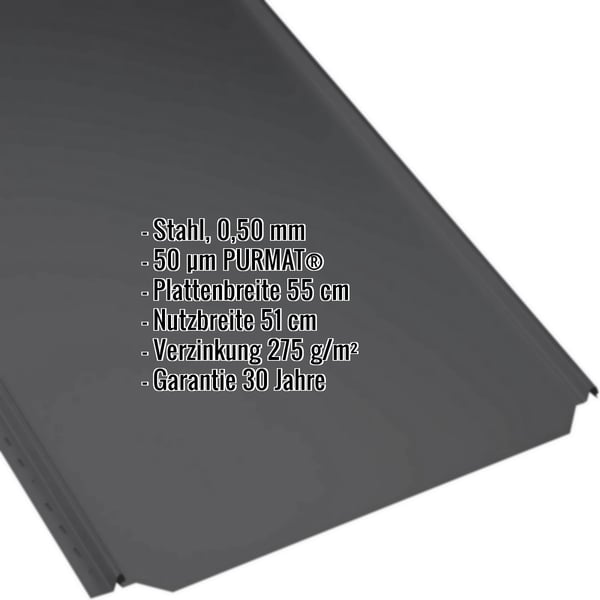 Stehfalzblech PD-510-S Flach, Tiefschwarz RAL 9005, 0,50 mm Stahl, mit Eckdaten-Einblendung