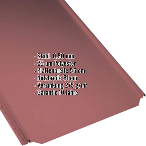 Stehfalzblech PD-510-S kirschrot, Stahl 0,50 mm, 25 µm Polyester, mit eingeblendeten Eckdaten