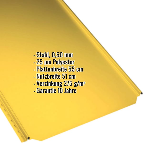 Stehfalzblech PD-510-S Flach in Rapsgelb, 0,50 mm Stahl mit 25 µm Polyester, Eckdaten eingeblendet