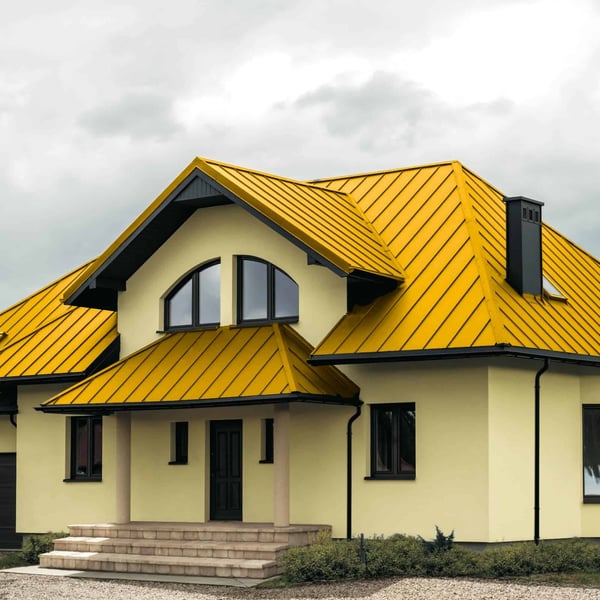 Wohnhaus mit rapsgelbem Stehfalzdach, schwarzem Giebel und Eingangsbereich mit Saeulen