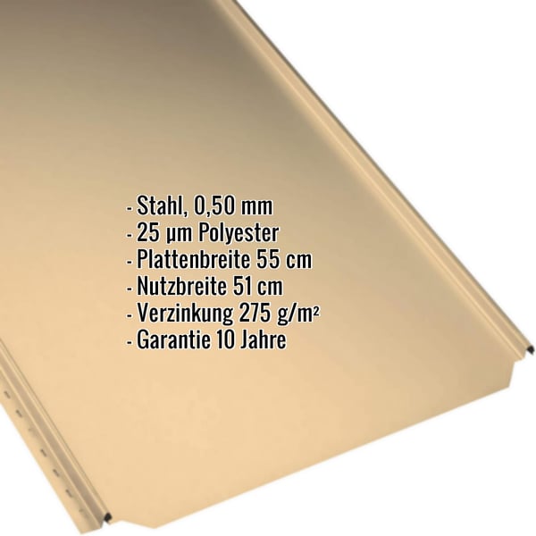 Stehfalzblech PD-510-S Flach in Sandgelb, Stahl 0,50 mm, mit eingeblendeten Eckdaten