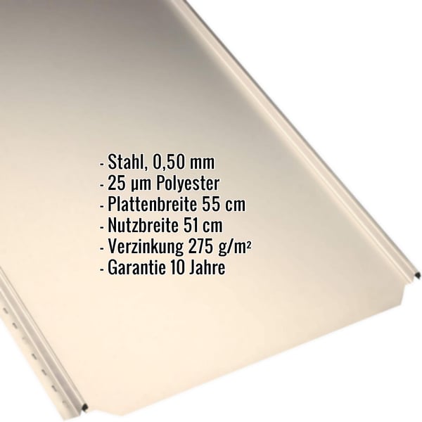 Stehfalzblech PD-510-S Flach, Hellelfenbein RAL 1015, mit eingeblendeten Eckdaten zu Material und Beschichtung
