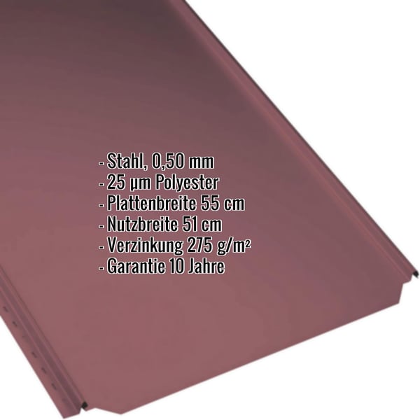 Stehfalzblech PD-510-S Flach weinrot, 0,50 mm Stahl, 25 µm Polyester, Eckdaten eingeblendet