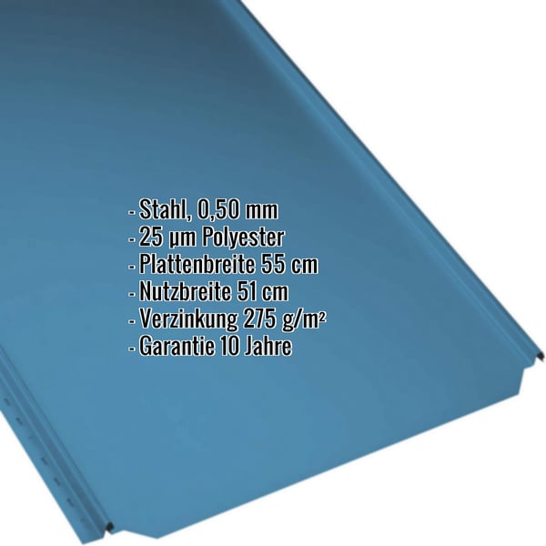Stehfalzblech PD-510-S Flach Enzianblau, 0,50 mm Stahl, mit eingeblendeten Eckdaten