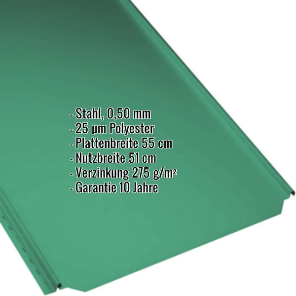 Stehfalzblech PD-510-S Flach Minzgrün, 0,50 mm Stahl, Polyester 25 µm, mit eingeblendeten Eckdaten