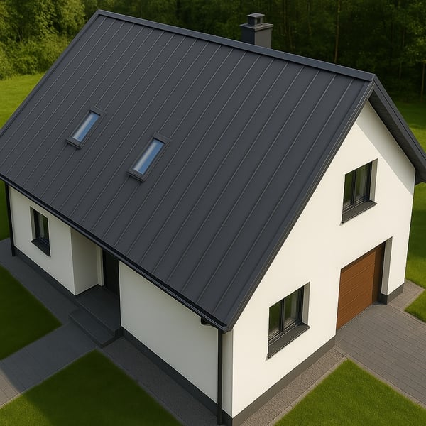 Stehfalzblech PD-510-S Flach, Graphitgrau RAL 7024, auf einem Einfamilienhaus von oben