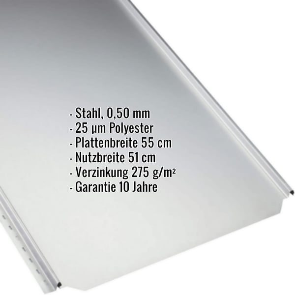 Stehfalzblech PD-510-S Flach, lichtgrau, mit eingeblendeten Eckdaten zu Material, Staerke und Beschichtung