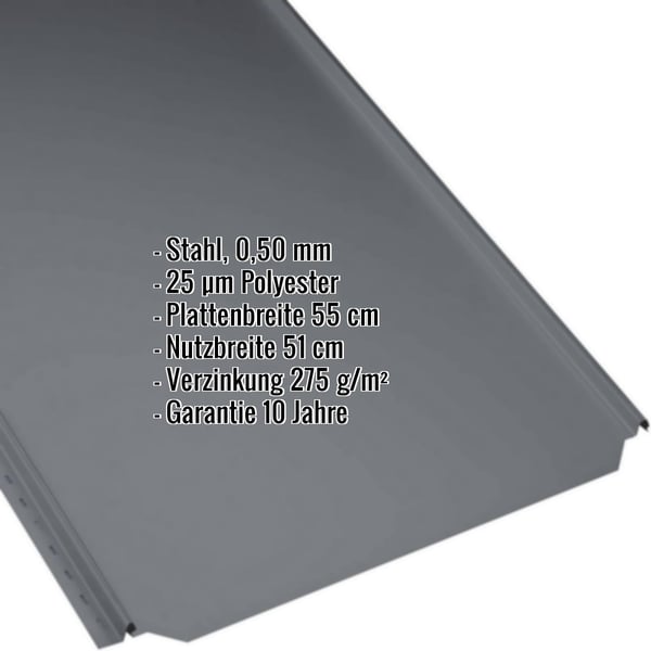 Stehfalzblech PD-510-S Flach, Anthrazitgrau RAL 7016, mit eingeblendeten Eckdaten zu Material und Beschichtung