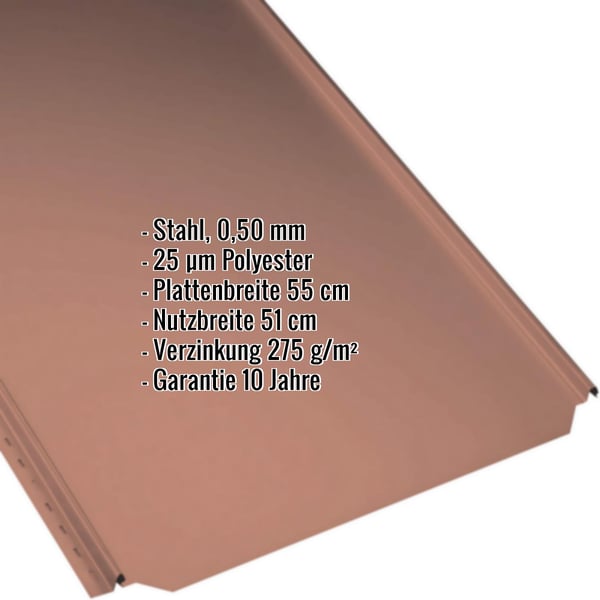 Stehfalzblech PD-510-S Flach, kupferbraun, mit eingeblendeten Eckdaten zu Material, Staerke und Beschichtung