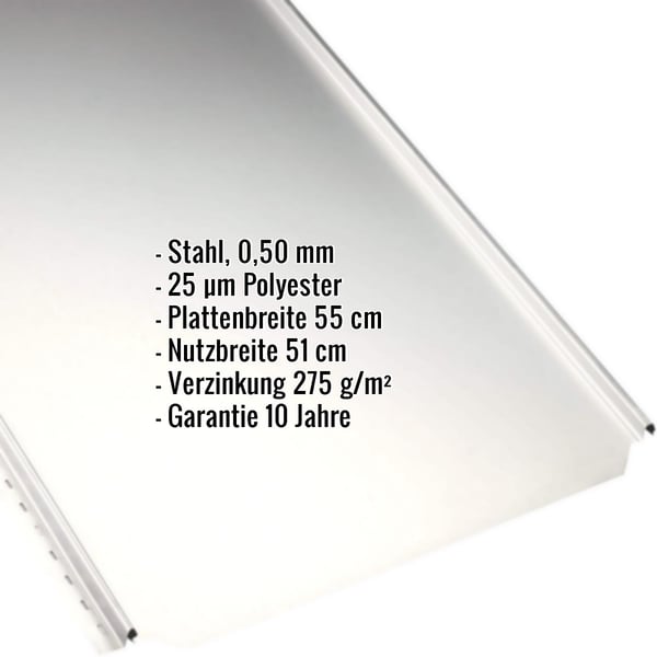 Stehfalzblech PD-510-S Flach, reinweiß, mit eingeblendeten Eckdaten zu Material, Stärke und Beschichtung