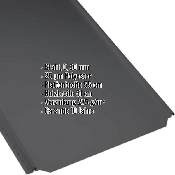 Stehfalzblech PD-510-S Flach Tiefschwarz, Stahl 0,50 mm mit 25 µm Polyesterbeschichtung, Eckdaten eingeblendet