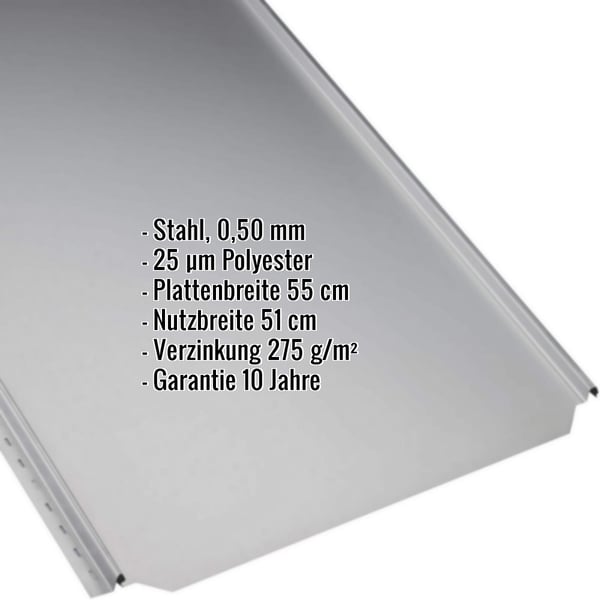 Stehfalzblech PD-510-S Flach, Weißaluminium RAL 9006, 0,50 mm Stahl, mit eingeblendeten Eckdaten